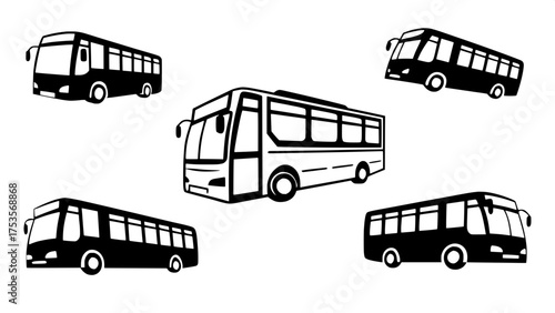 "Minimal vector silhouettes of six bus types, scattered evenly on a white canvas, black solid fill, two-dimensional aesthetic, balanced and modern."