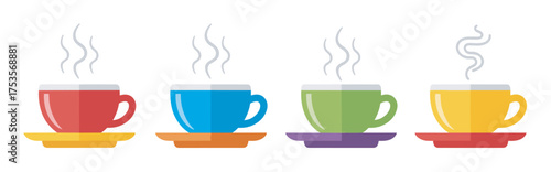 Four colorful steaming coffee cups in red, blue, green, and yellow, each on matching saucers, arranged in a row.