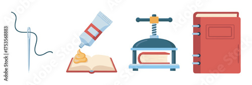 Sewing needle with thread, glue tube with open book, vintage book press containing a book, and a closed red book with a strap.