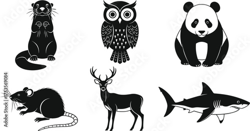 Black and White Vector Silhouettes of Diverse Animals for Nature, Wildlife, Educational, Zoological, Artistic, and Environmental Design Use