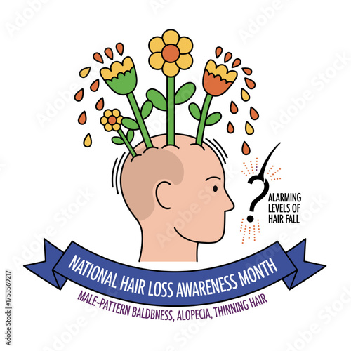 During National Hair Loss Awareness Month, male-pattern baldness, alopecia, thinning hair, and alarming levels of hair fall are highlighted, with a concept featuring flowers