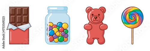 Array of colorful sweets including chocolate, a jar of gumballs, a gummy bear, and a swirled lollipop, each uniquely designed and vibrant.