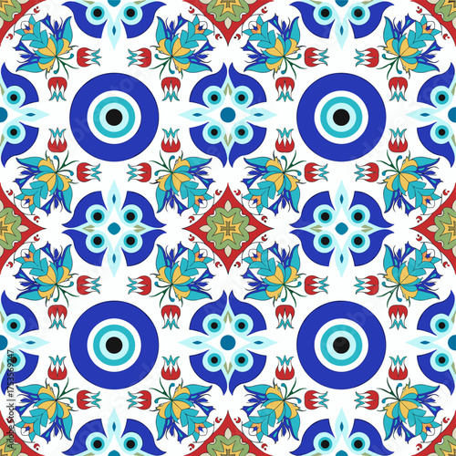 A seamless pattern featuring a Turkish evil eye bead, Turkish tile, and an oriental Ottoman design vector background—ideal for wallpapers, pattern fills, web page backgrounds, surface textures, and