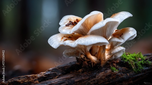 Intricate white mushrooms sprouting from a weathered log, adorned with green moss, illustrating nature's delicate ecosystem in a serene forest background.