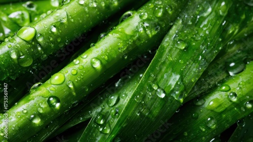 This image features a vibrant close-up of green leaves adorned with glistening water droplets, showcasing nature's beauty and the freshness after rainfall, ideal for food or health themes.