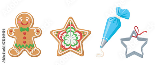 Colorful collection of festive gingerbread cookies, icing bag, and star-shaped cookie cutter for holiday baking inspiration.