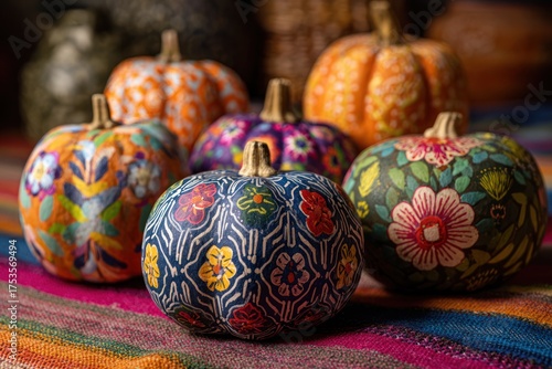 Decorated pumpkins On Vibrant Textile Table: Colorful Handmade Decoupage Gourds Arranged As Festive Autumn Centerpiece For Home Decor, Craft, And Celebration, Ideal For Seasonal Promotions