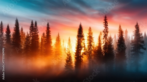 A breathtaking view of a misty forest at sunrise, with vibrant colors illuminating the trees, evoking a sense of tranquility and connection to nature's beauty.