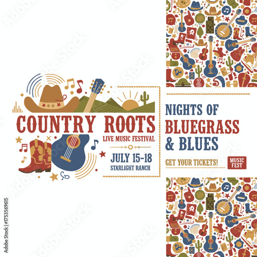 A seamless country music pattern featuring a cowboy hat, a poster of a live country music festival, a concert banner template with a guitar and cowboy hat in a western style, and symbols of country