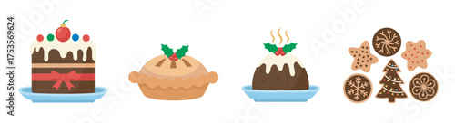 Festive holiday desserts featuring a decorated christmas cake, a pie with holly, a steaming pudding, and decorative cookies on plates.
