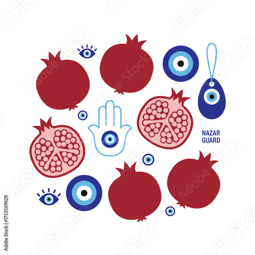 A pomegranate set and collection that protects against the evil eye, featuring Turkish nazar symbols, Greek charms or amulets, and icons of evil eye protection
