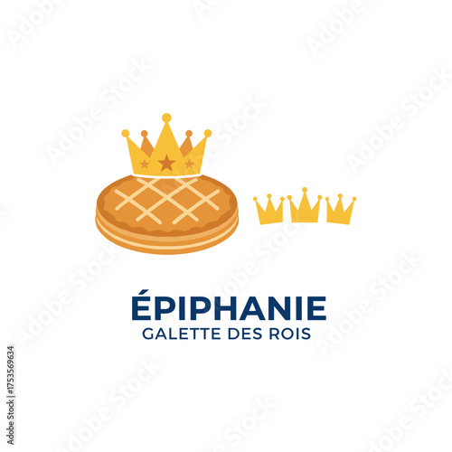 Iconic vector symbol of a French Epiphany cake featuring the Three Kings, complete with a golden paper crown