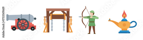 Four colorful icons depicting medieval objects: a cannon, a wooden gallows, an archer with a bow, and a genie lamp.