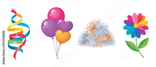 Colorful collection of party decorations including streamers, balloons, tinsel, and a vibrant flower for festive celebrations.