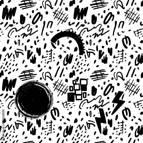 Black and white seamless vector background featuring sketchy hand‑drawn graphic prints and vector brushstroke elements, ideal for wallpapers, pattern fills, web page backgrounds, and surface textures