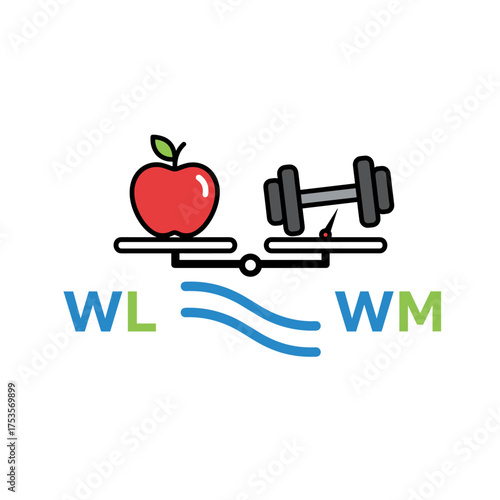 Managing weight, using weighing scales, losing weight, with weight scales, a red apple, and a dumbbell