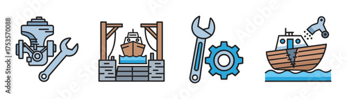 Four colorful icons representing marine industry elements, including an engine and wrench, a ship in a dry dock, a wrench with a gear, and a boat construction scene.