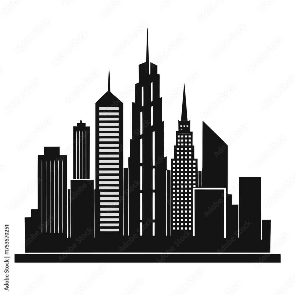 Obraz premium Modern city skyline silhouette with diverse tall buildings against white background