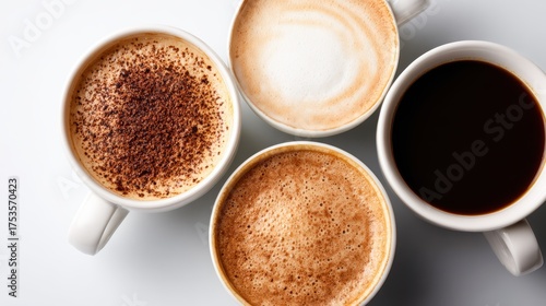 A visually appealing assortment of four coffee types displayed in white cups, highlighting the rich textures and colors of each beverage against a clean background.