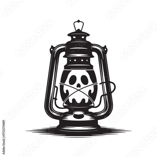 Vector art of a spooky black and white illustration of a vintage lantern with a skull face inside