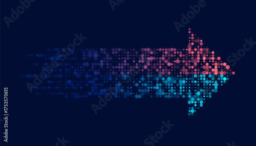 Pixelated digital arrow in gradient blue and red tones with fading effect on dark background, vector illustration for technology and progress theme.