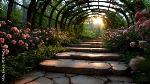 A stunning garden pathway manifests tranquility and beauty surrounded by blooming flowers, ideal for serene outdoor settings, gardening inspiration, and floral displays.