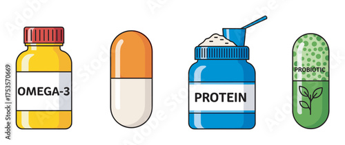 Array of health supplements including an omega-3 bottle, a capsule, a protein powder container, and a probiotic capsule.