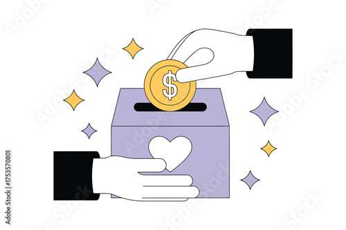 Vector art of charity donation concept hand putting a coin into a donation box with a heart
