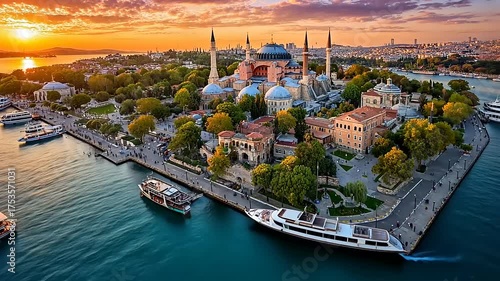 Majestic Hagia Sophia: Aerial view of Istanbul's iconic landmark at sunset