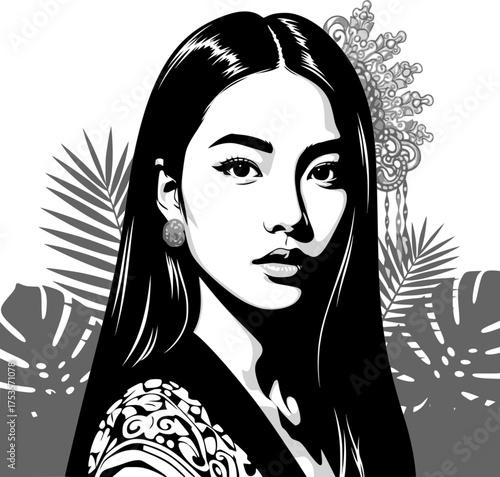 Princess of the Amazon, monochrome vector illustration. EPS version.