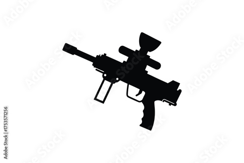 Detailed black paintball marker design against a white background silhouette