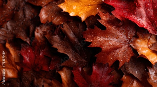 A captivating close-up of various autumn leaves in vibrant colors adorned with raindrops, celebrating the beauty of nature and the changing seasons in rich detail.
