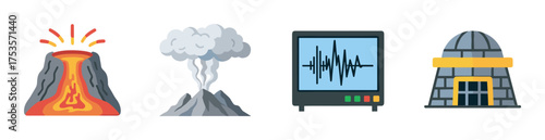 Colorful flat icons depicting a volcano with lava, a steaming mountain, a seismograph, and a geodesic dome observatory.