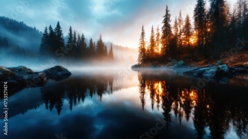 A serene misty landscape showcasing silhouetted trees reflecting in calm water, embodying tranquility, peace, and the beauty of nature at dawn, perfect for peaceful imagery.