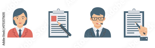Cartoon style icons showcasing two professionals, a clipboard with a pencil, and a hand pointing at a document, representing office and business concepts.