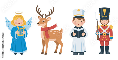A blonde, young female angel with a halo holds a harp next to a reindeer wearing a red scarf, standing beside a young caucasian male choir boy and a toy soldier with a rifle.
