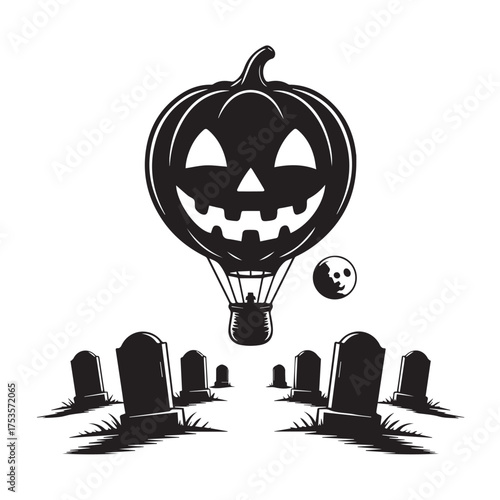 Vector art of spooky pumpkin hot air balloon floating above a graveyard with a full moon