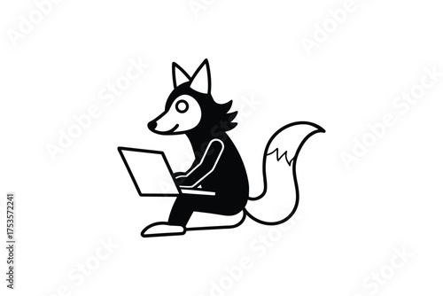 A fox diligently working on a laptop modern digital art silhouette