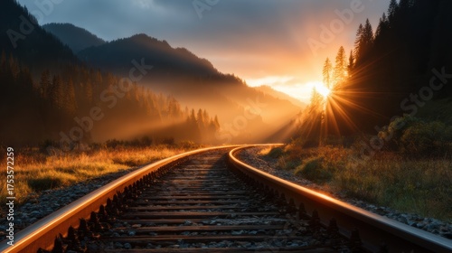A breathtaking sunset unfolds over curving railway tracks, with golden rays of sunlight casting a magical glow on the tranquil landscape of mountains and trees in the distance.
