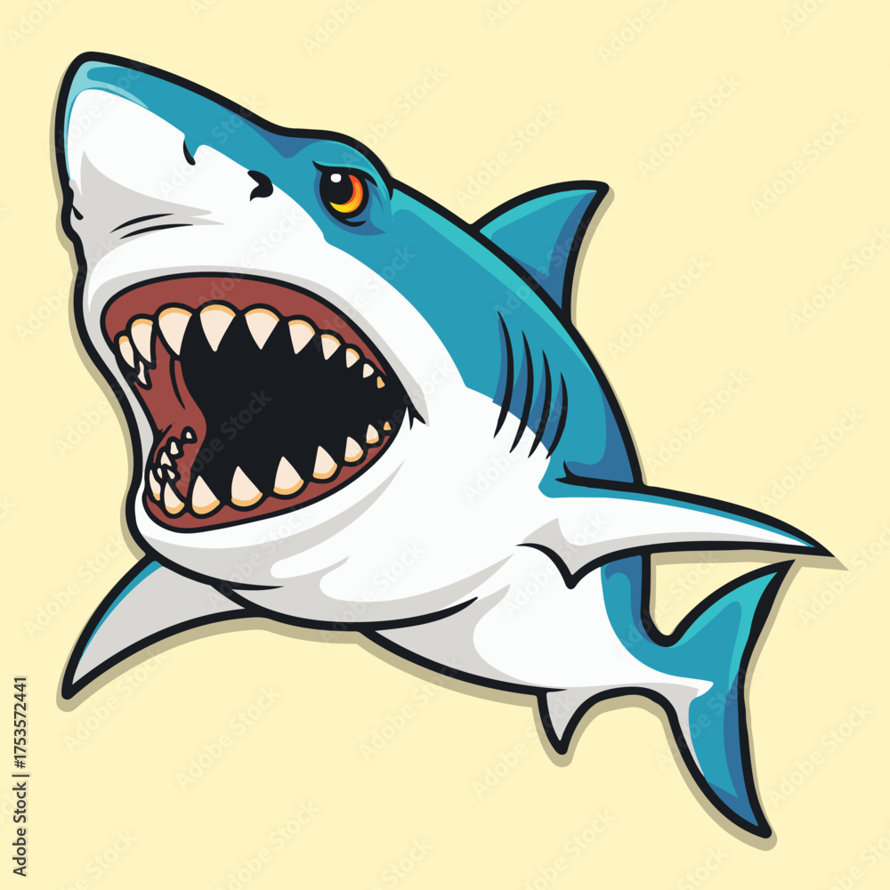 Fototapeta premium Aggressive Great White Shark Cartoon Style with Open Mouth and Sharp Teeth Illustration