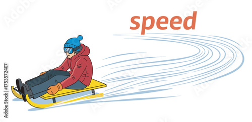A person in a red jacket and blue hat sleds downhill at high speed, leaving a sleek trail behind.