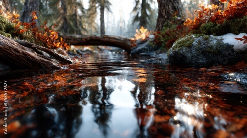A tranquil forest scene featuring a clear stream, reflecting autumn foliage and natural elements, capturing the peaceful beauty of nature in its seasonal change.