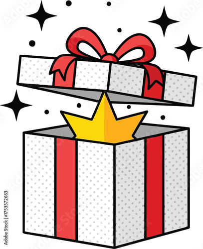 An open gift box with a red ribbon and a golden crown inside