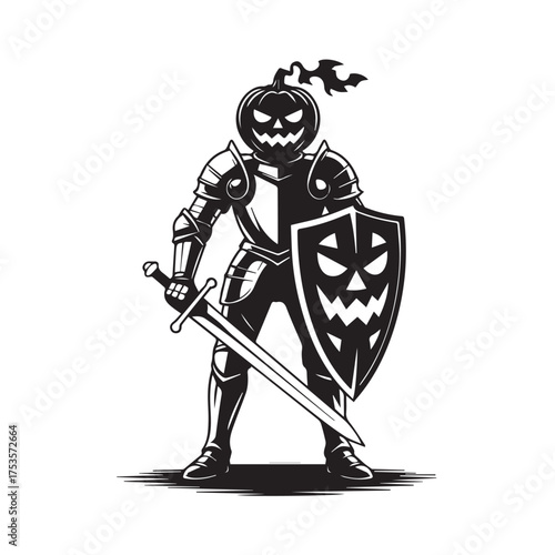 Vector art of a spooky pumpkin knight in full armor holding a sword and shield