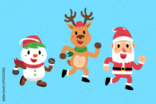 Cute cartoon Christmas characters Santa Claus reindeer and snowman running together