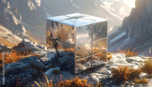 A reflective, metallic cube sits on a rock in a serene mountain landscape. The sun casts long shadows, and autumn colors abound