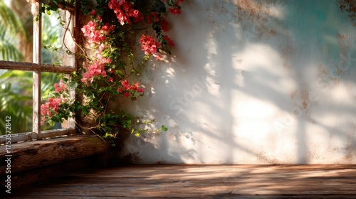 An inviting image of a rustic window frame adorned with blooming flowers, inviting soft natural light into the space, creating a warm and welcoming atmosphere perfect for relaxation.