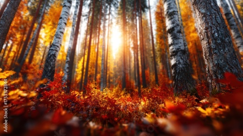 A breathtaking autumn forest scene, where golden sunlight filters through vibrant orange and red leaves, creating a warm, magical atmosphere filled with the essence of the season.
