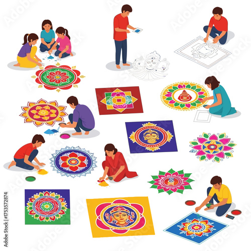 Celebrating Diwali with family and friends creating stunning Rangoli designs, a vibrant Indian tradition, joyful festivities and cultural celebration