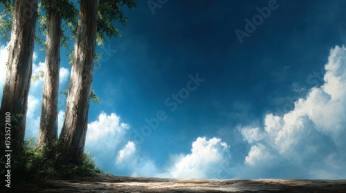 This captivating landscape features tall trees against a bright sky, evoking feelings of peace, tranquility, and a connection to nature, inviting viewers to appreciate outdoor beauty.